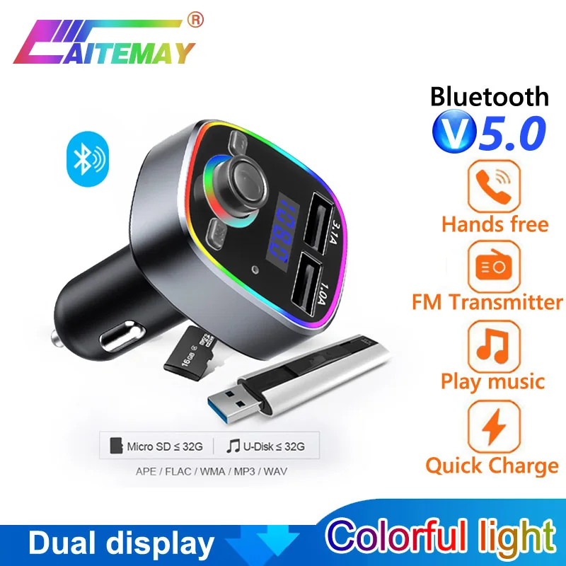 

Автомобильный FM-трансмиттер с Bluetooth 5,0, mp3-плеер, быстрая Беспроводная Автомобильная гарнитура с двумя USB-портами и светодиодной подсветкой