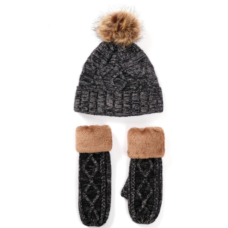 

2Pcs Women Winter Cable Knit Beanie Hat with Full Finger Gloves Mittens Set Thicken Thermal Plush Lined Pompom Skull Cap