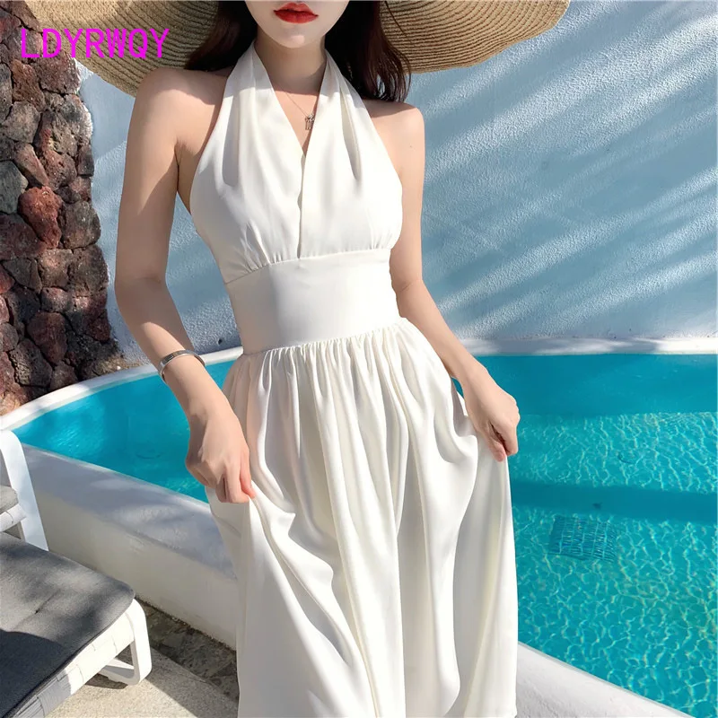 

LDYRWQY French retro high waist V-neck halter neck temperament white sexy backless seaside beach holiday dress female