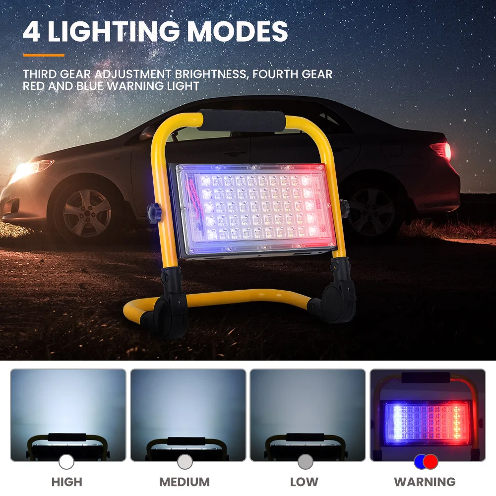 للبيع مصباح كشاف LED محمول قابل لإعادة الشحن ، مصباح تخييم خارجي ، 50 واط/100 واط ، ثلاثة أوضاع مع ضوء وامض ، مصباح طوارئ