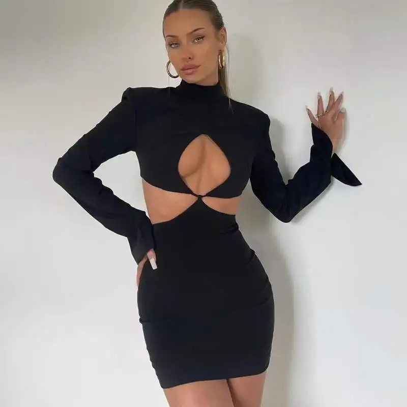 

Fashion Sexy Solid Color Slim Hollow Design Dress Half High Neck Bag Hip Bodycon For Women's Party Nightclub Street Wear 2022