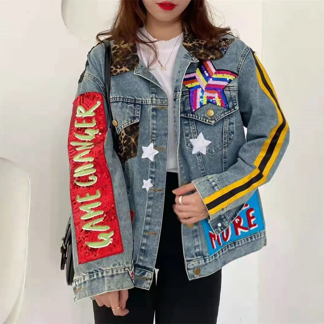 

blue letters Sequined jeans jackets for women Water wash Five-pointed star denim jacket coat casual long sleeve loose outwear