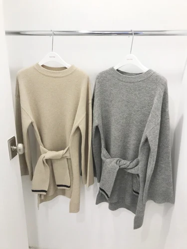 2019 Autumn Winter Kahaki Knitted Sweater Fake Sleeve Bandage Waist Korean Style Woman Jumpers | Женская одежда
