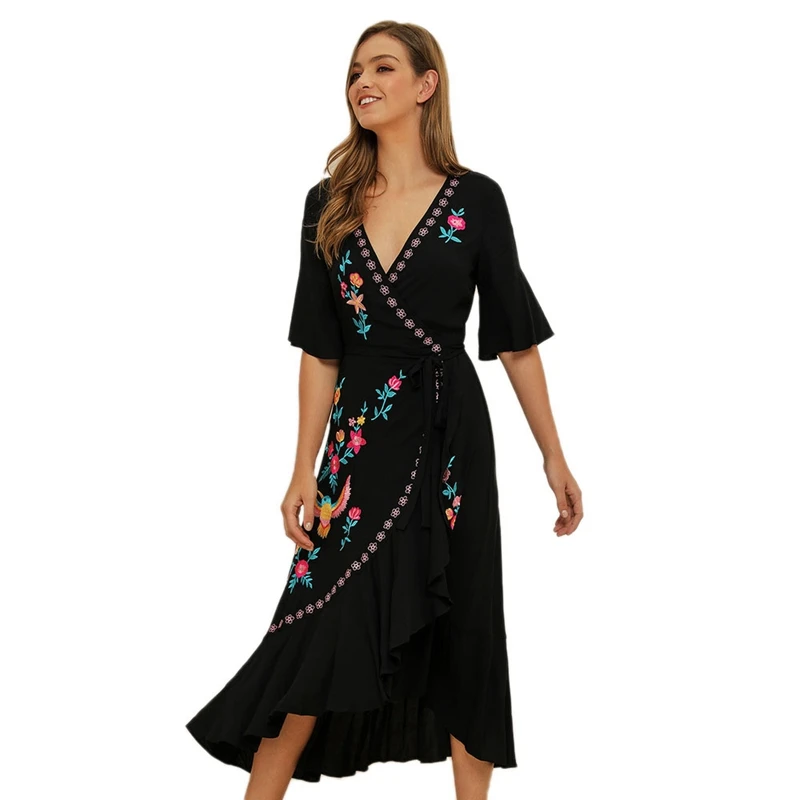 

New Summer Bohemian Dresses Embroidered Ruffles Spliced Long Dress Sexy V Neck Beach Dress