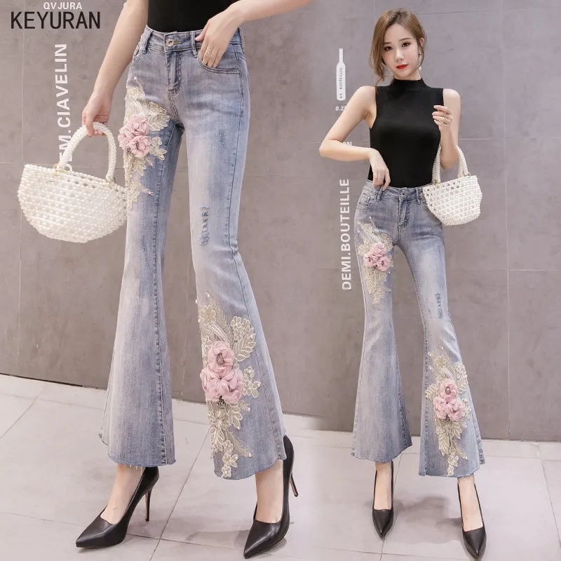 Женские джинсы с цветочной вышивкой Новые облегающие джинсовые брюки женские
