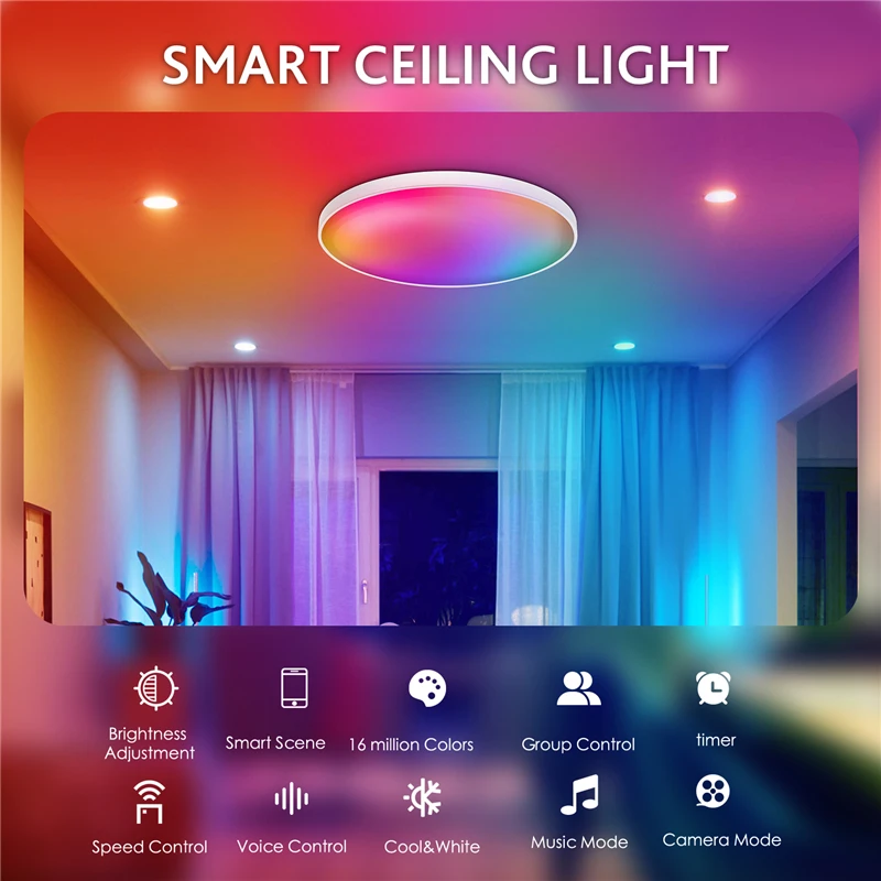 $37.86 30W LED Ceiling Lamp Smart WIFI Ceiling Lighting For Living Room Bedroom RGB DIY Color Ceiling Lamp With Micr Google Home