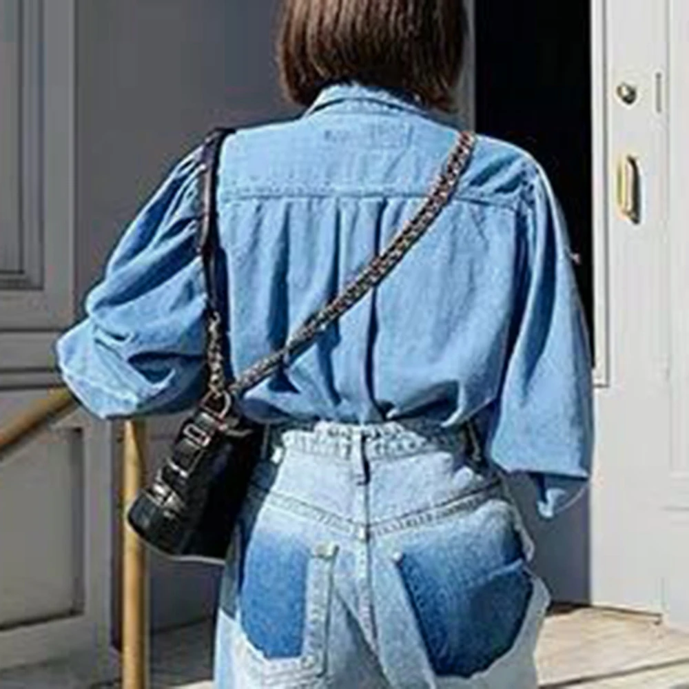 CALOFE 2020 Autumn Fashion Women Jeans Shirt Chic Puff Sleeve Loose Denim Long-sleeved Coat Hot Girls Casual Outwear |