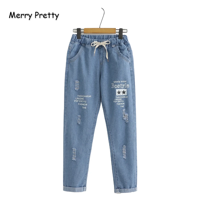 

Merry Pretty Women Jeans Pants Letter Print Ripped Denim Pants 2019 Winter Elastic Waist Pockets Straight Jean Pants Mom Jeans