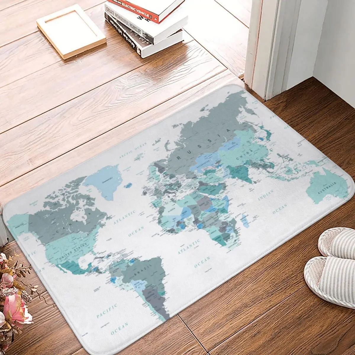 Приключения ждет карта мира в Teal Doormat ванная комната Добро пожаловать ковер