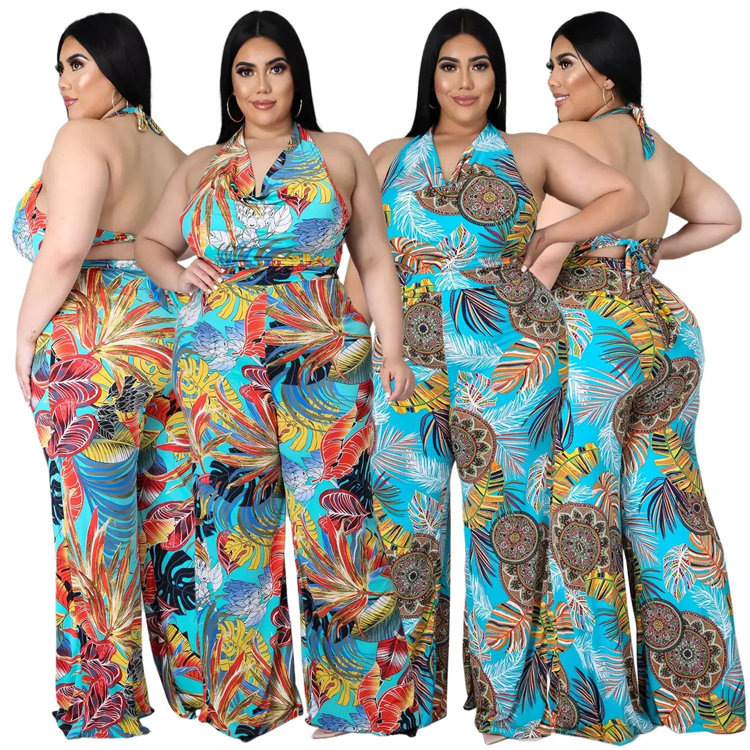 

RStylish Plus Size 2021 Women's Fashion Loose Casual V Neck Print Backless Boho Halter Wide Leg Summer Jumpsuits