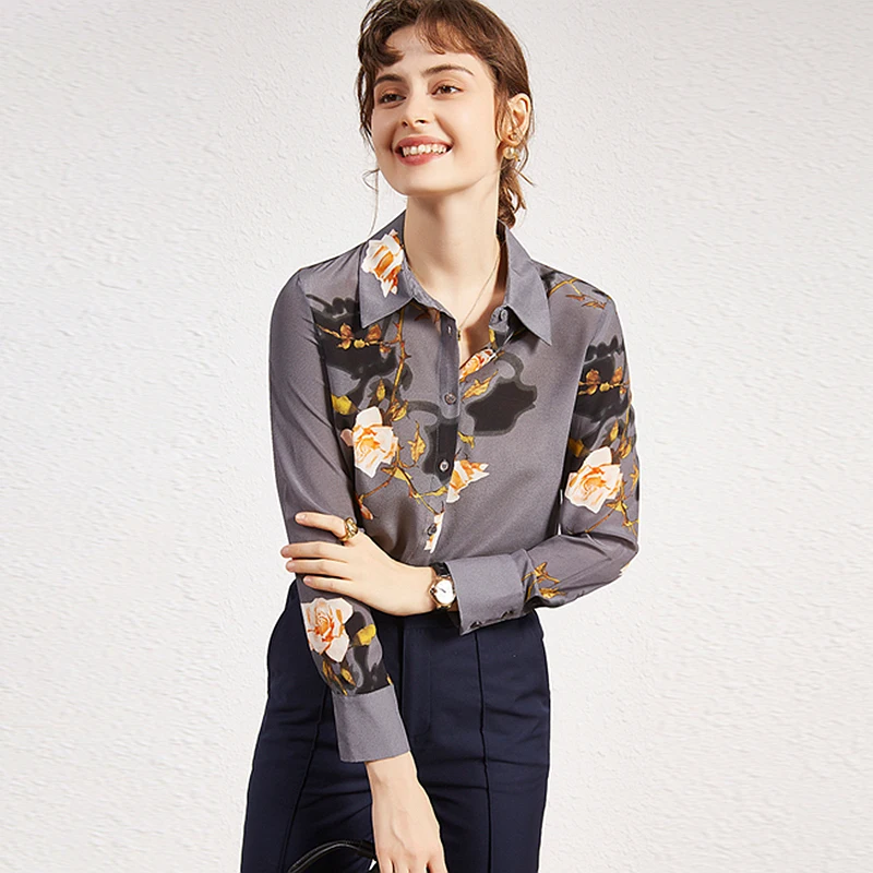 100% Silk Blouse Women Shirt Casual Style Flower Printed Turn-down Neck Long Sleeves Blouse Loose Elegant Top New Fashion