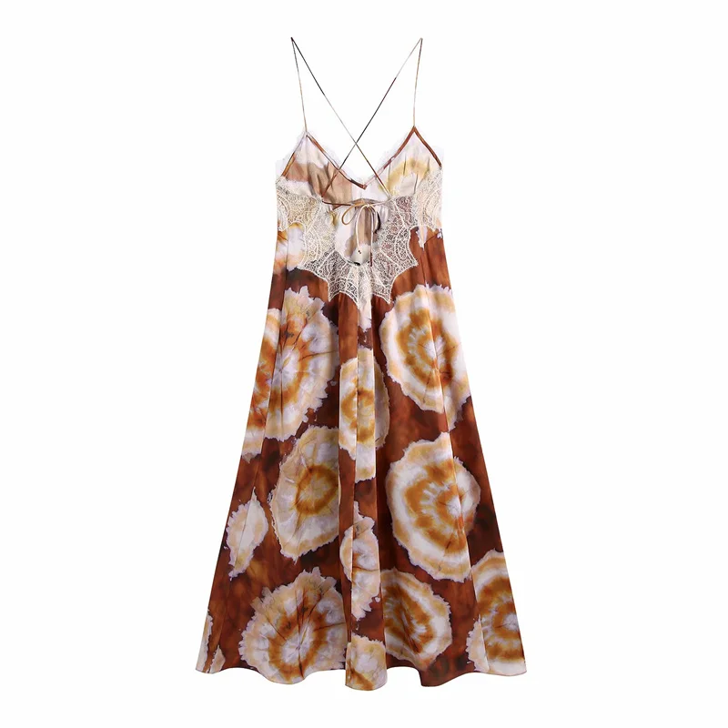 

Woman Vinatge Brown Lace Patchwork Sling Long Dress 2021 Summer Sexy Female Print Backless Party Dresses Ladies Elegant Dress