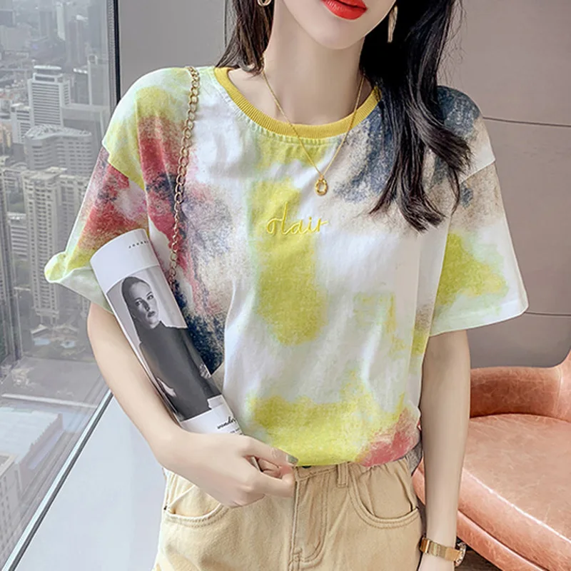 

Zoki Tie Dye Design Fashion T Shirt Women Print Pure Cotton Tops O Neck Casual Short Sleeves Loose Female Clothes Summer New2021