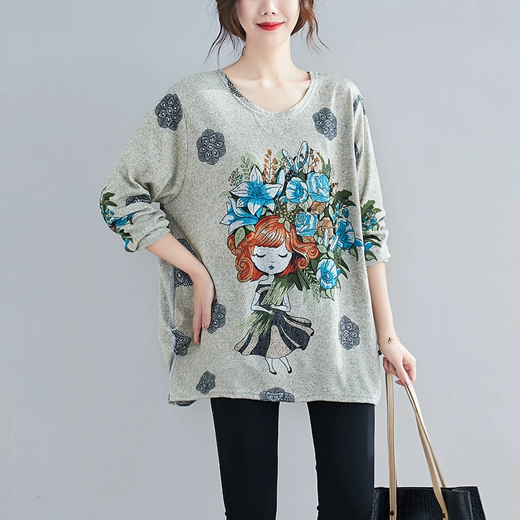 

Houthion Spring Long Sleeve Women's T-shirt Printing O-Neck Korean Comfortable Tshirt Fashion Casual Loose Cotton T Shirt