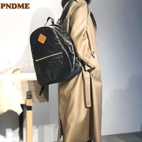 pndme vintage luxury natural genuine leather ladies backpack designer outdoor travel real cowhide womens black bagpack bookbag