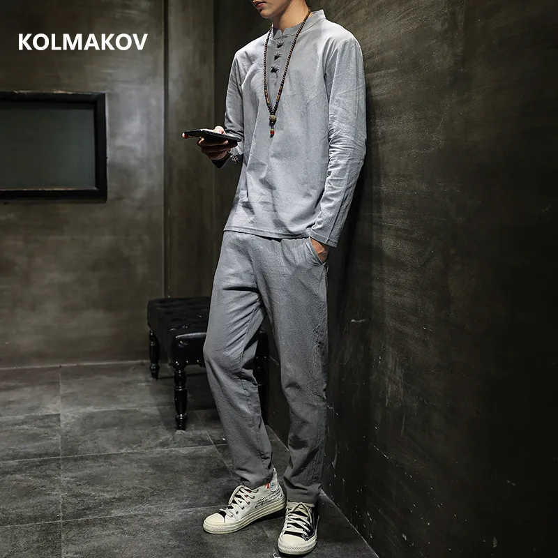 (Рубашка + брюки) 2021 весенние мужские рубашки хлопковые и льняные для мужчин