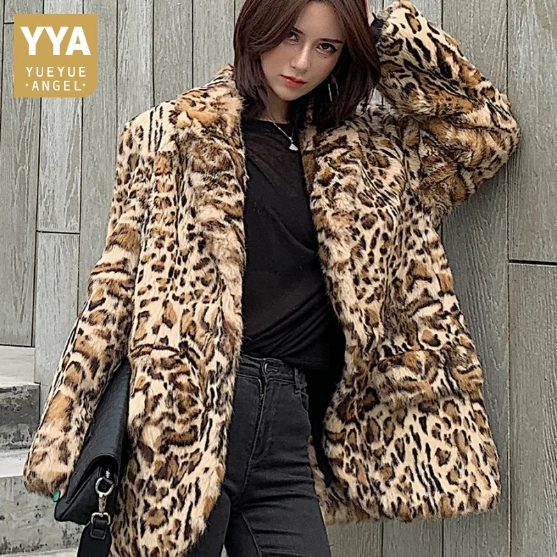 

Luxury Ladies Leopard Print Real Fur Suit Jackets Vintage Rabbit Fur Long Sleeve Coat Winter Fashion Office Warm Outwear Female