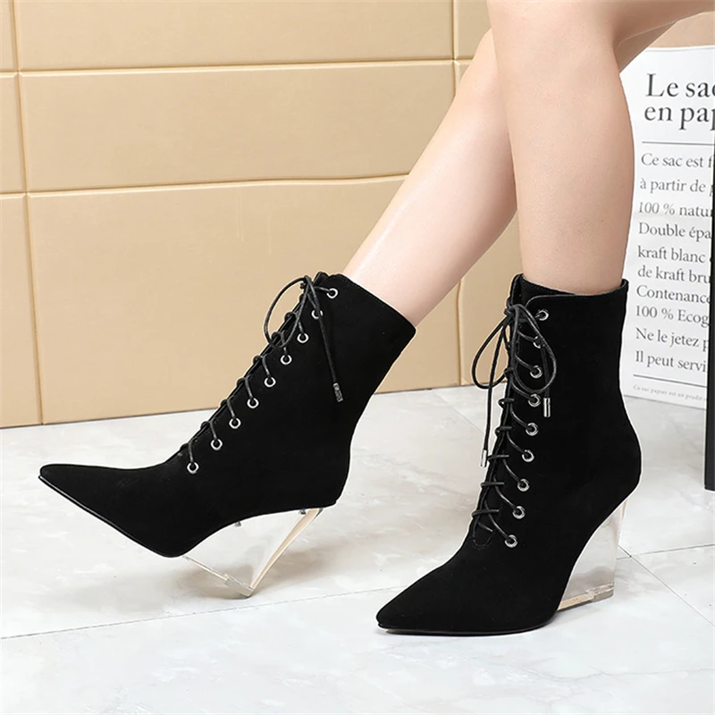 

Black Suede Ankle Boots Women Cross-tied Sexy Pointed Toe Clear Crystal Wedges High Heel Autumn Winter Botas Mujer