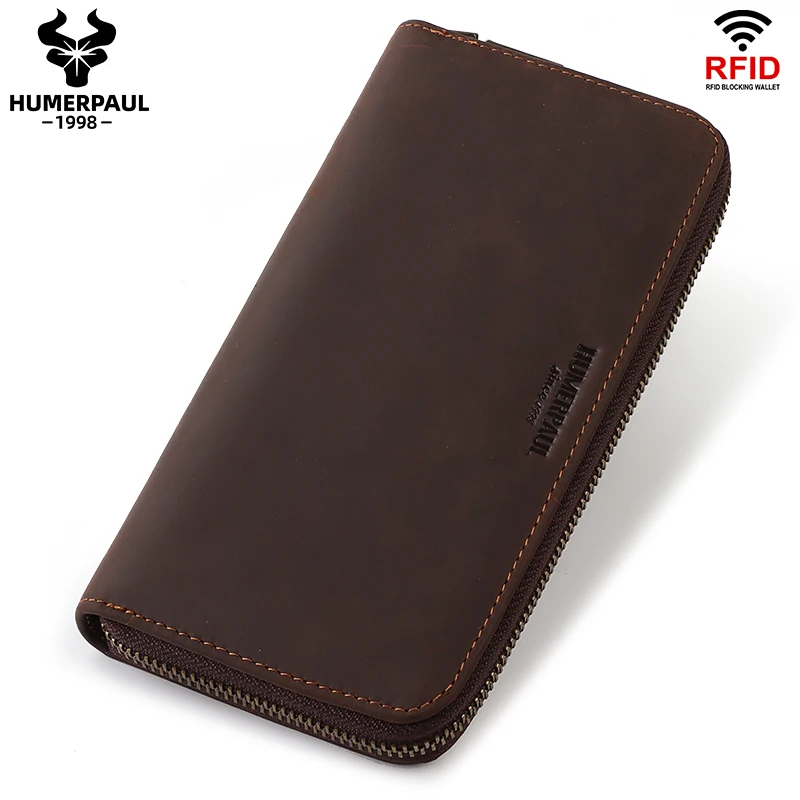 

HUMERPAUL Crazy Horse Leather Clutch Wallet RFID Blocking Card Holder Wallet Fashion Coin Purse Zipper Male Long Phone Wallets