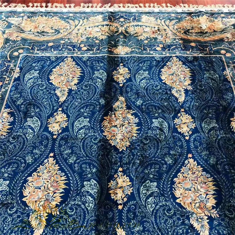 Beste 8.2 'X 11.48' Blauw Strip Bloemen Tapijt Voor Woonkamer Zijden Kleed Dikke Tapijten Slaapkamer Decor Karpetten Anti-Slip Floor Mat