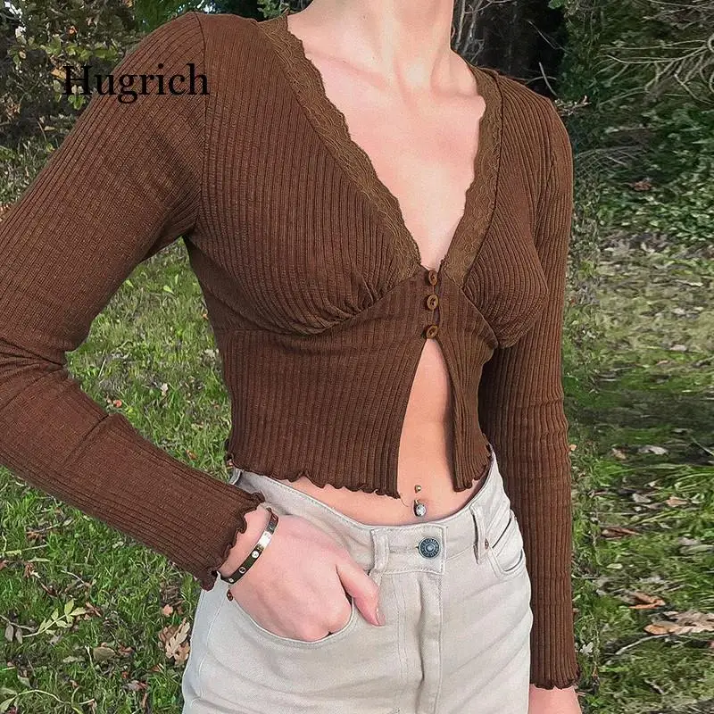 

Sweet Deep V-Neck Lace Trim Crop Tops Fashion Slit Hem Long Sleeve Brown T-Shirts Vintage 90S Aesthetics Top