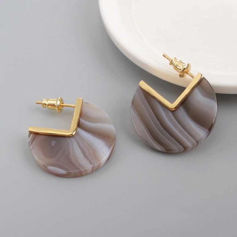 onyx agate Золотой Гальванизированный Природный Оникс Агаты серьги гвоздики розовый кварц ломтик шпильки жемчуг Seashell женские серьги Подарки ZG0420 - Окраска металла: onyx agate