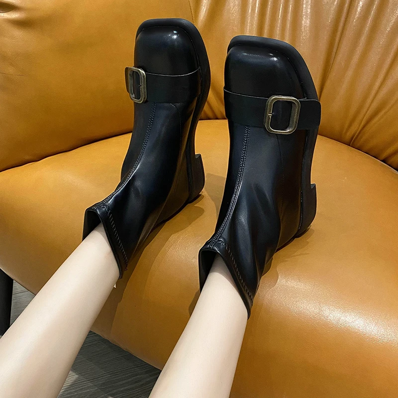 

Fashion Ankle Short Boots Spring Autumn Round Toe Square Heels Shoes 2021 Fashion Female Buckle Zipper Shoes New Women Boots
