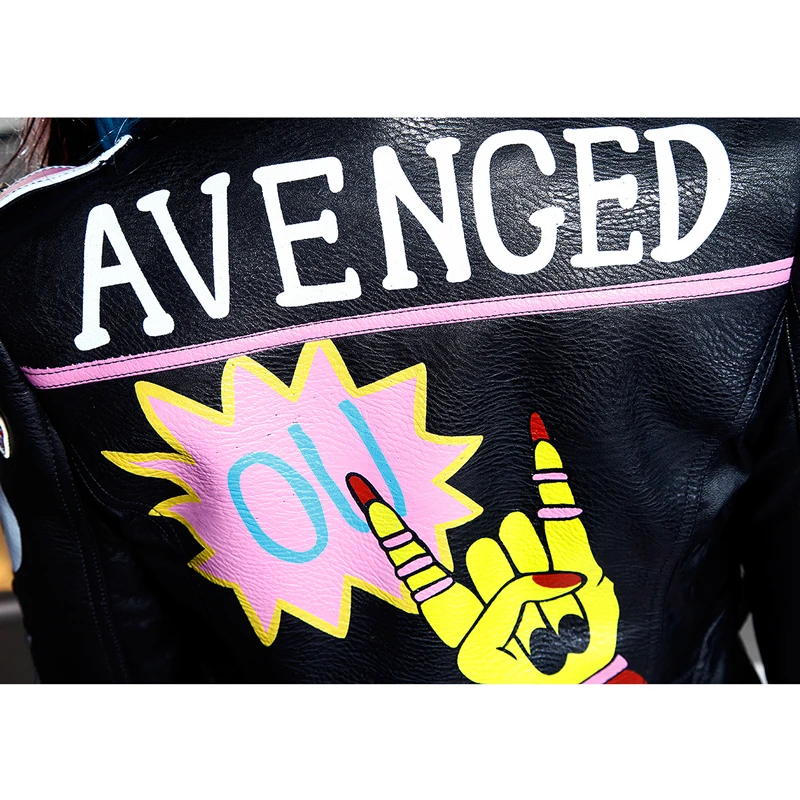 

Spring Autumn New Women's 2021 Leather Jacket Fashion Locomotive Print Letter Pattern Leather Coats Graffiti Street Outwear