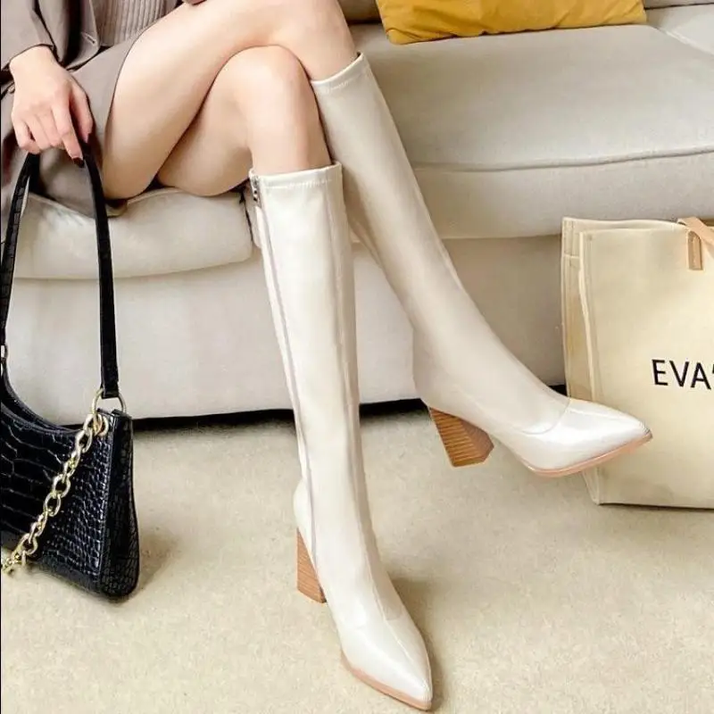 

2021 Ins Women Knee High Heel Boots Lady Riding Botas Warm Winter Shoes Sexy Square Toe Casual Footwear Long Boots Women