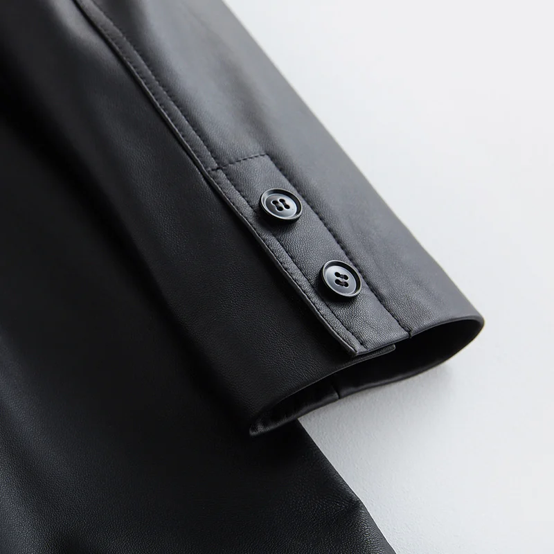 

Lautaro Autumn Black Soft Faux Leather trench coat for women long sleeve Pockets Lapel Double breasted Elegant high fashion 2021