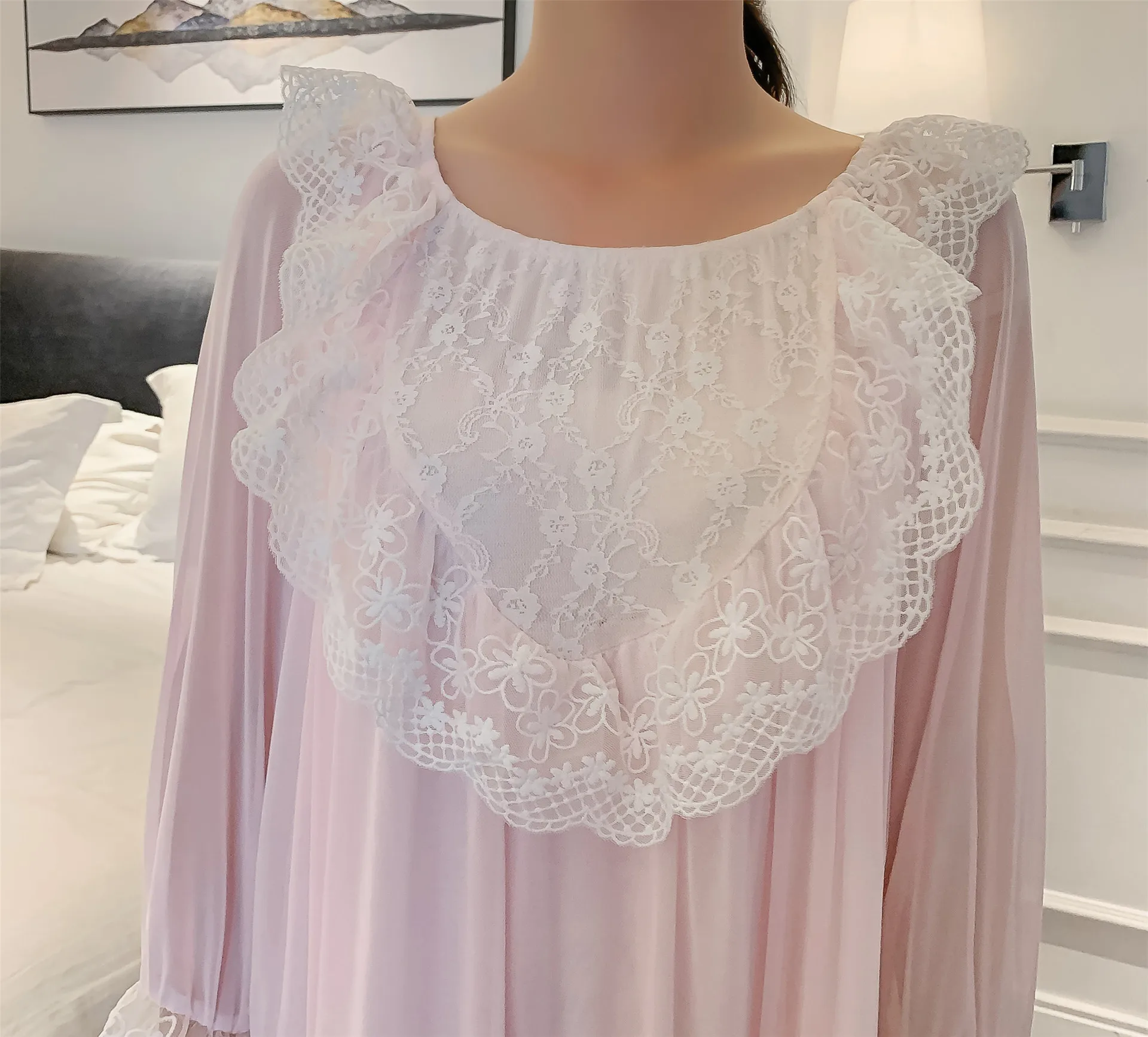 Spring Summer New Women's Nightdress Long Sleeve Palace Princess Style Nightgown Lace Sexy Nightwear Thin Home Wear Sleepwear