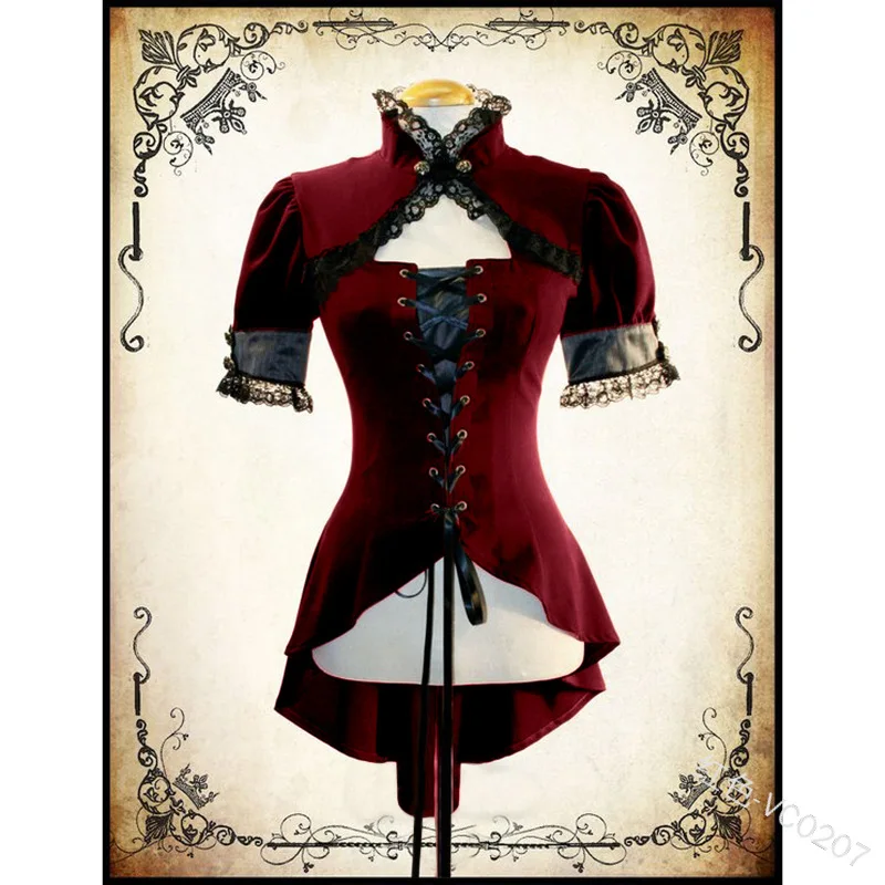 Женская кружевная блузка в стиле стимпанк винтажная облегающая с коротким