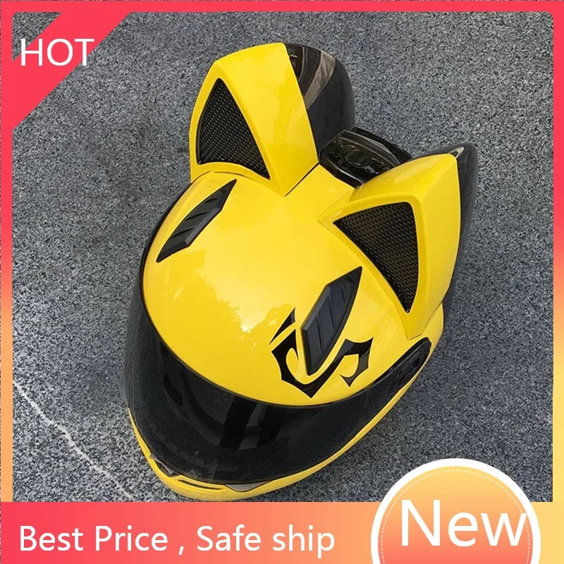 

Motorcycle helmet women lovely cat motorcross equipment protect big ears helmet personality full Face yellow color helmet