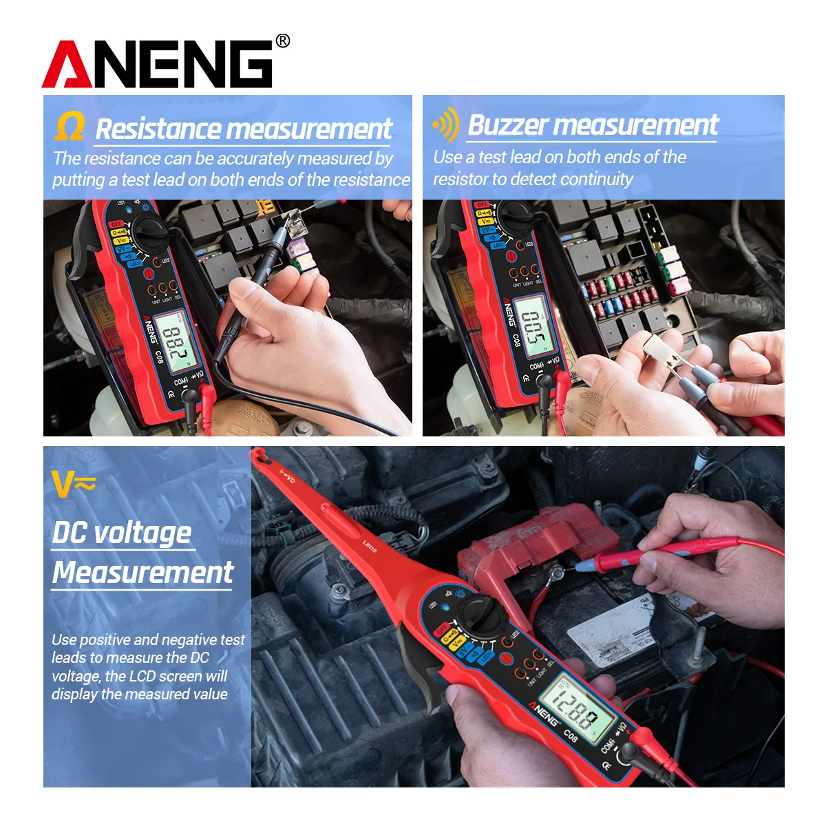 ANENG C08 1999 Counts Digital Professional Multimeter Auto Car Tester AC/DC Voltage Ammeter Resistance 0V-380V Electrical Tool