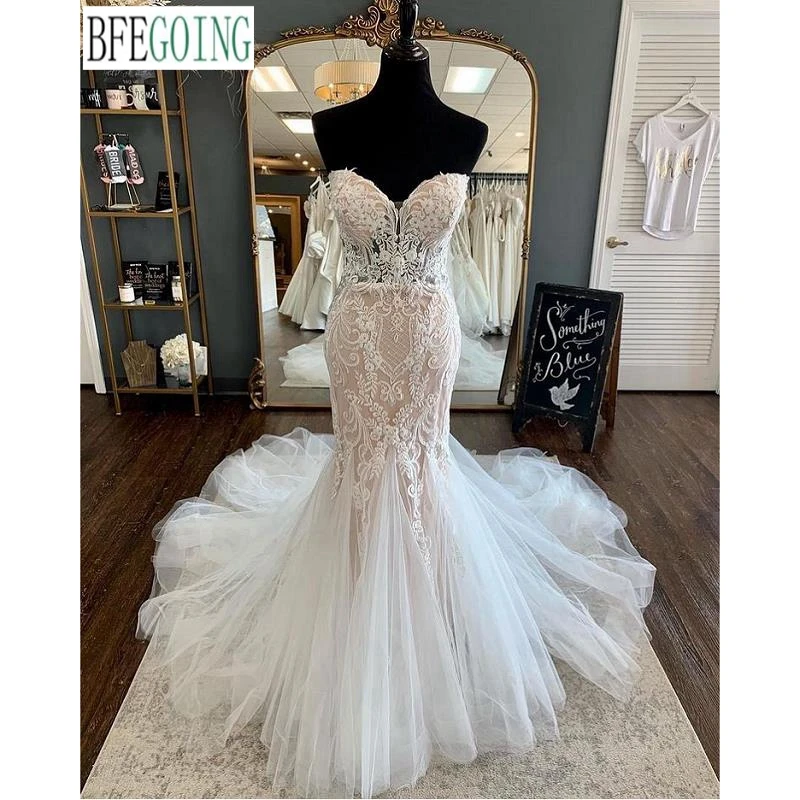 

Champagne Satin Ivory Lace Tulle Sweetheart Sleeveless Floor-Length Mermaid/Trumpet Wedding Dresses Chapel Train Custom Made