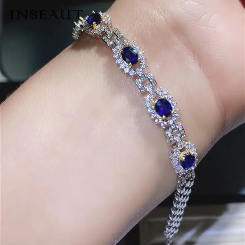

New Arrival 925 Sterling Silver 4*5mm Natural Sapphire Bracelet Vintage Blue Gemstone Beads Chain for Women Wedding Jewelry