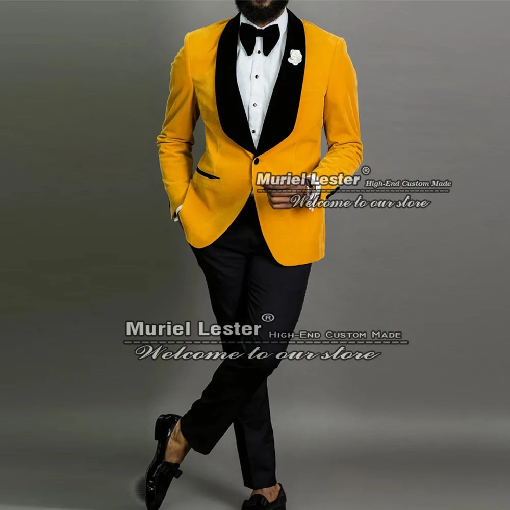 Золотые мужские костюмы приталенные бархатные блейзеры с черным Лапле + брюки из