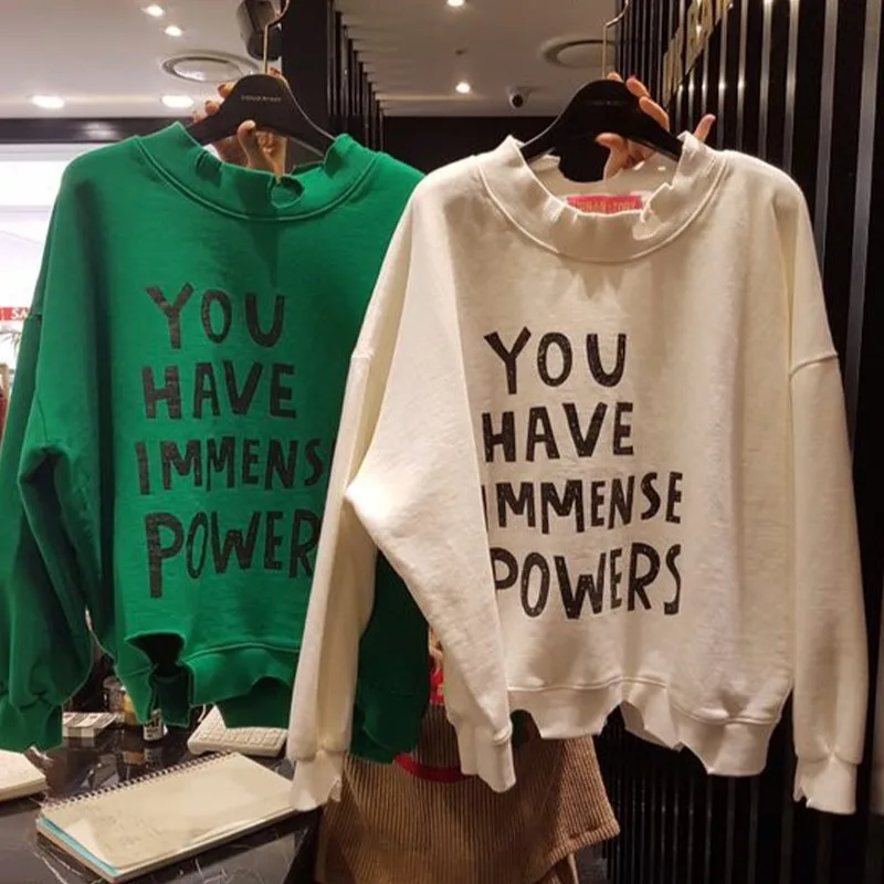 

Женская свободная футболка в Корейском стиле, универсальная Толстовка с длинным рукавом и принтом надписи, модель 2021 на осень, модная Толст...