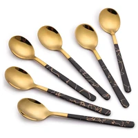 golden stainless steel black spoon for coffee chocolate afternoon hot tea party silverware flatware teaspoon sets 6pack