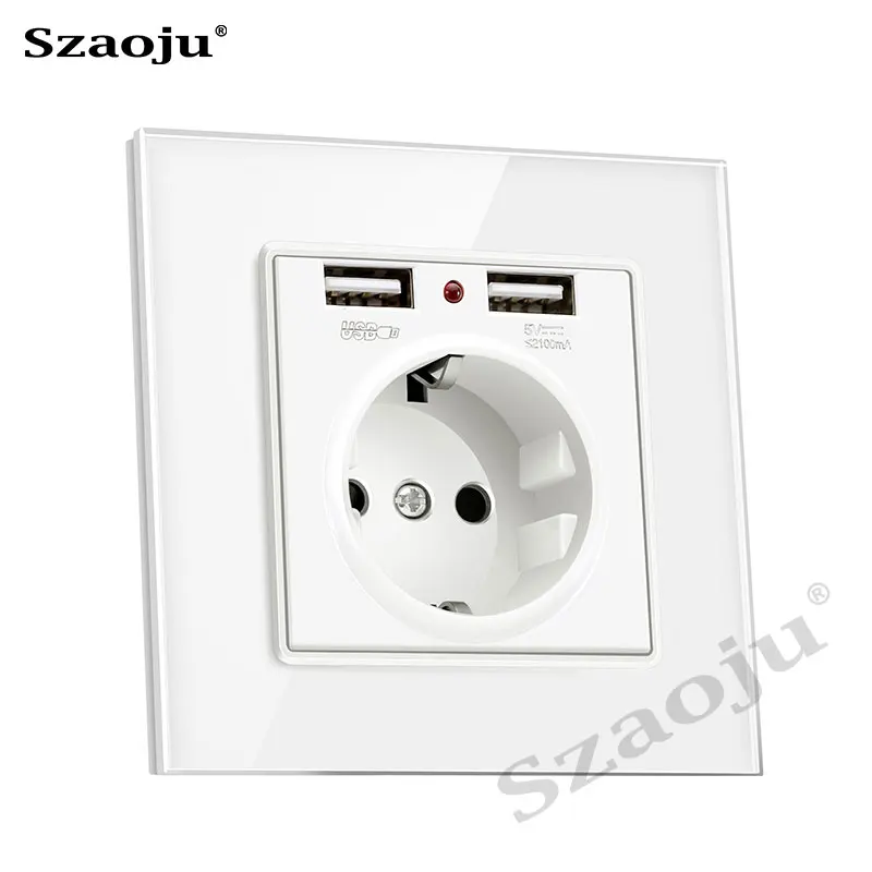 

Szaoju EU Power Socket ,Socket With USB Charging Port 2.1A 16A White Crystal Tempered Glass 86mm*86mm Russia Spain Wall Socket
