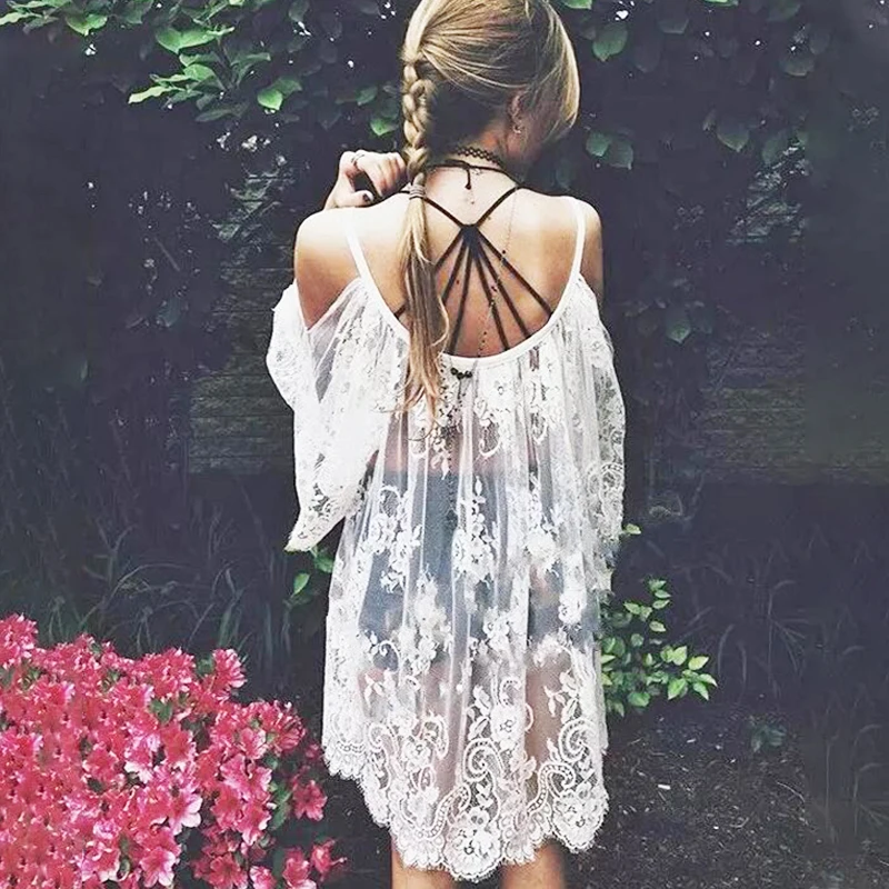 

See Through Mini Flared Bell Sleeve Dress Women Lace Floral Embroidery Cold Shoulder Dress Straps Sukienka Beach Dress Vacation