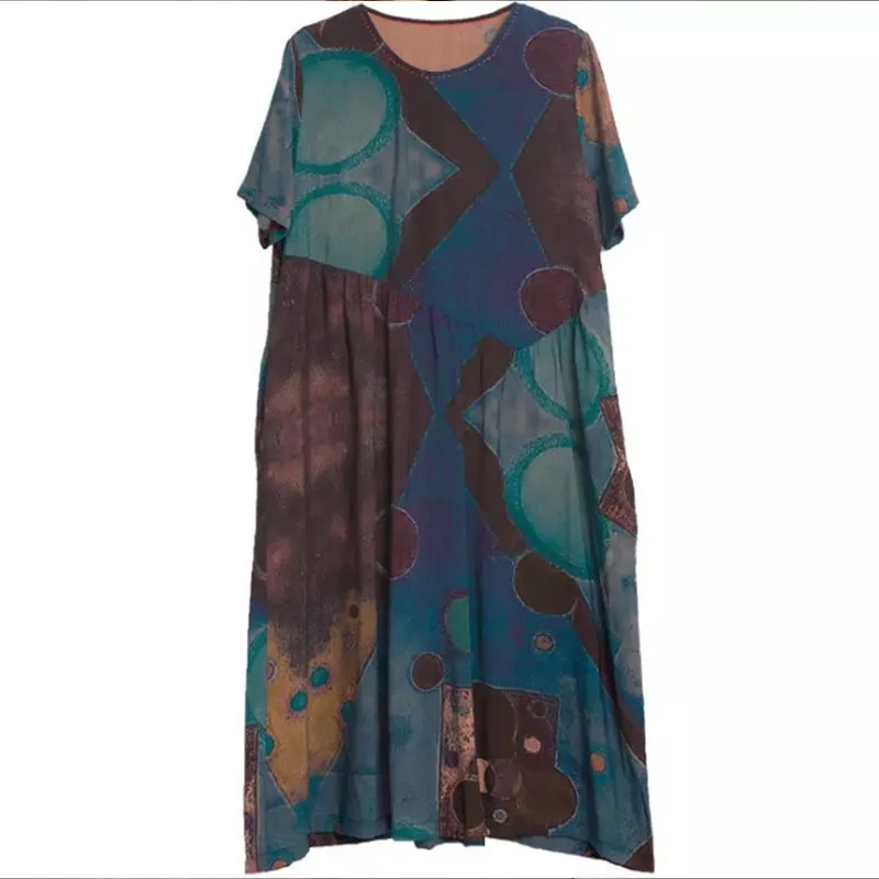 

Temperament Cotton And Linen Jumpsuit Group Printing Literary Short-Sleeved Loose Belly Comfortable Women's Clothing