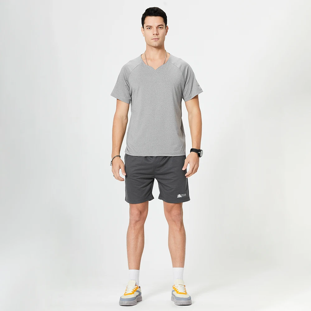 

Men's Sportswear Suit Short Sleeved V-Neck Pullover T-Shirt with Short Drawstring Pants Casual Loose Sports Running Suit