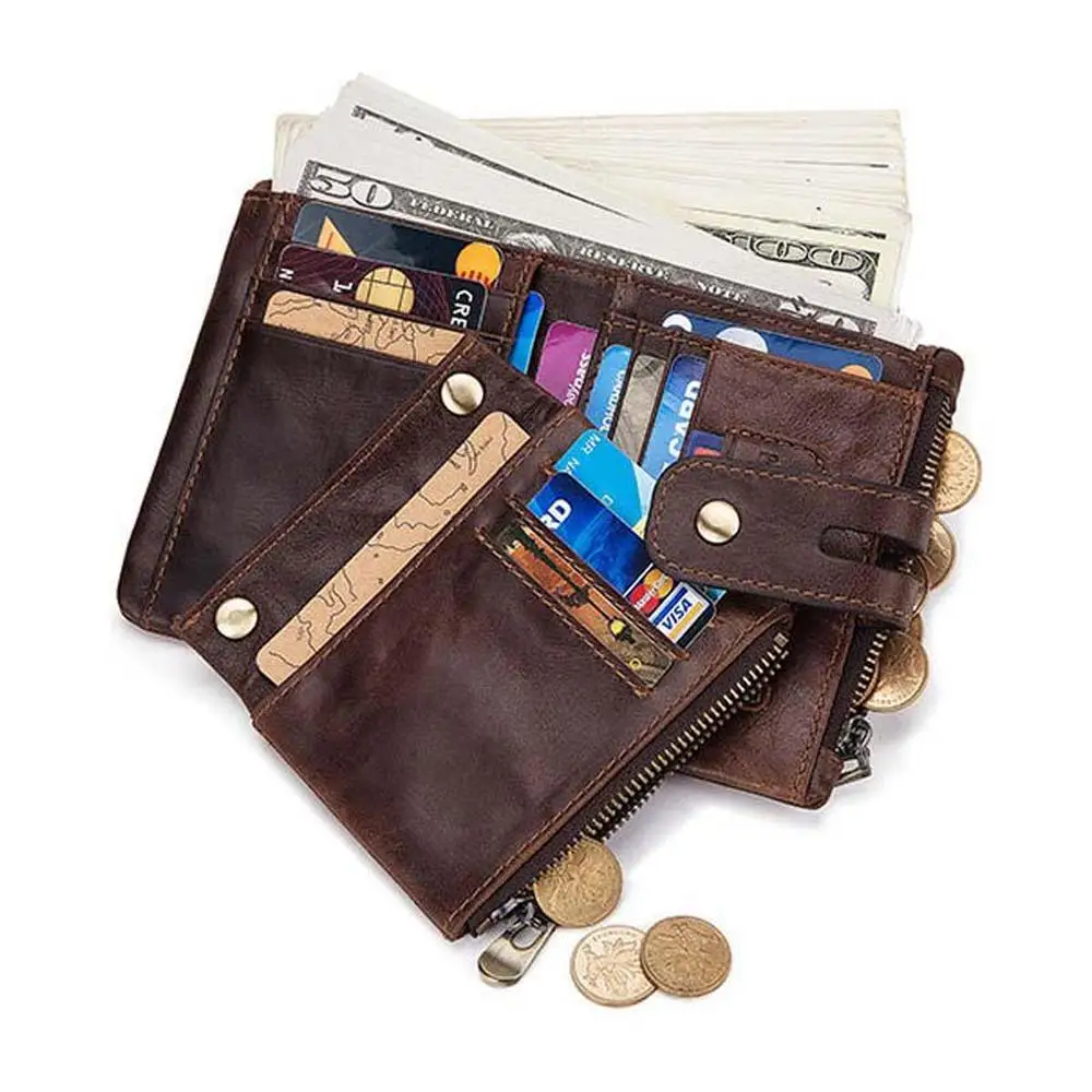 100% Genuine Leather Men's Wallet Short Coin Purse Zipper&Hasp Closure Type High Quality RFID Tri-fold Wallet With Chain