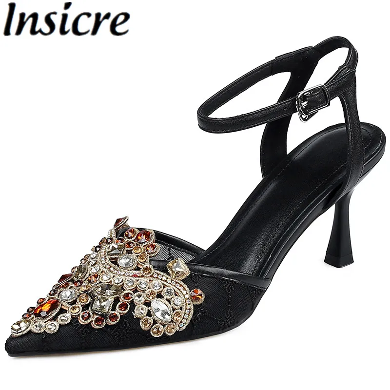 

Insicre 2021 Summer Fashion Women Sandals Mesh Pointed Toe Bling Buckle Thin High Heel Shoes Black Handmade Crystal