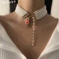 fashion multilayer imitation pearl choker necklace women collares wedding luxury red rhinestone pendant necklace charm jewelry