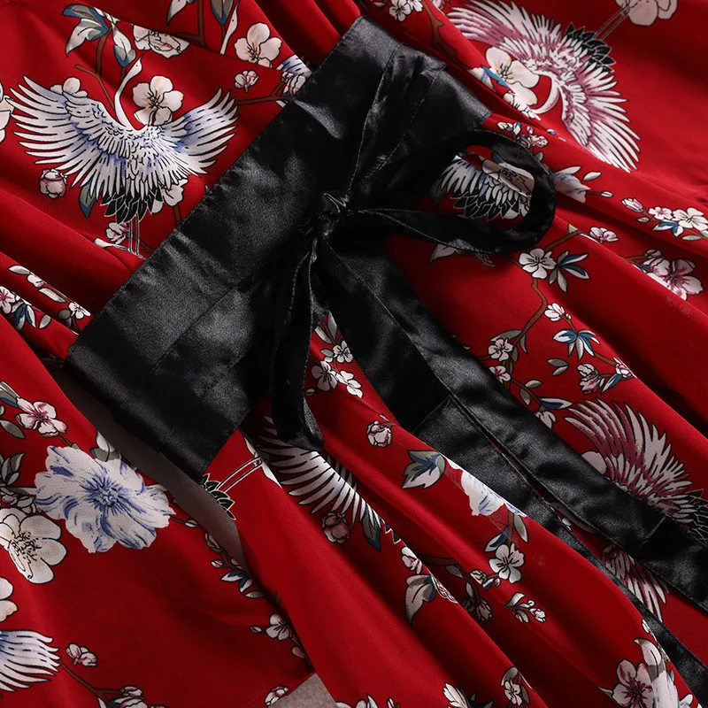 

Fashion summer women's printed dress plus size 5XL V-neck chiffon office dresses belt slim double layer red A-line dresses G799