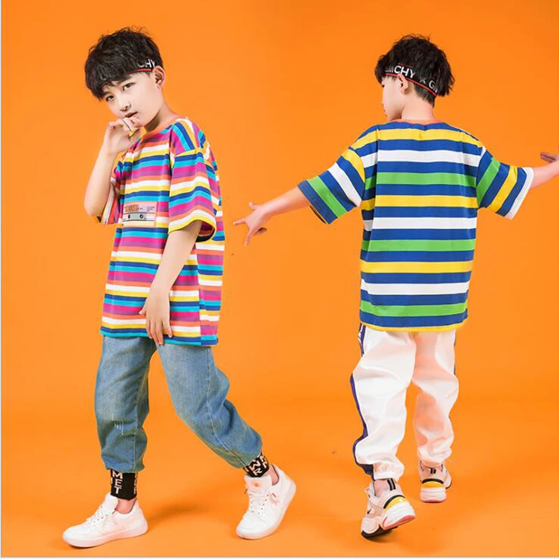 

Kids Hip Hop Clothing festival Outfits Striped T Shirt Top Running Casual Pants Girl Boy Jazz Dance Costume Clothes Street Wear