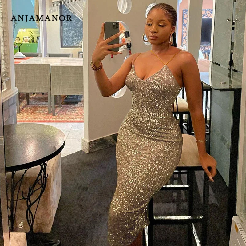 

Zoctuo Shiny Gold Sequin Dress Evening Gowns For Women Party Wear Christmas Night Club Outfits Deep V Bodycon Dress Vestidos