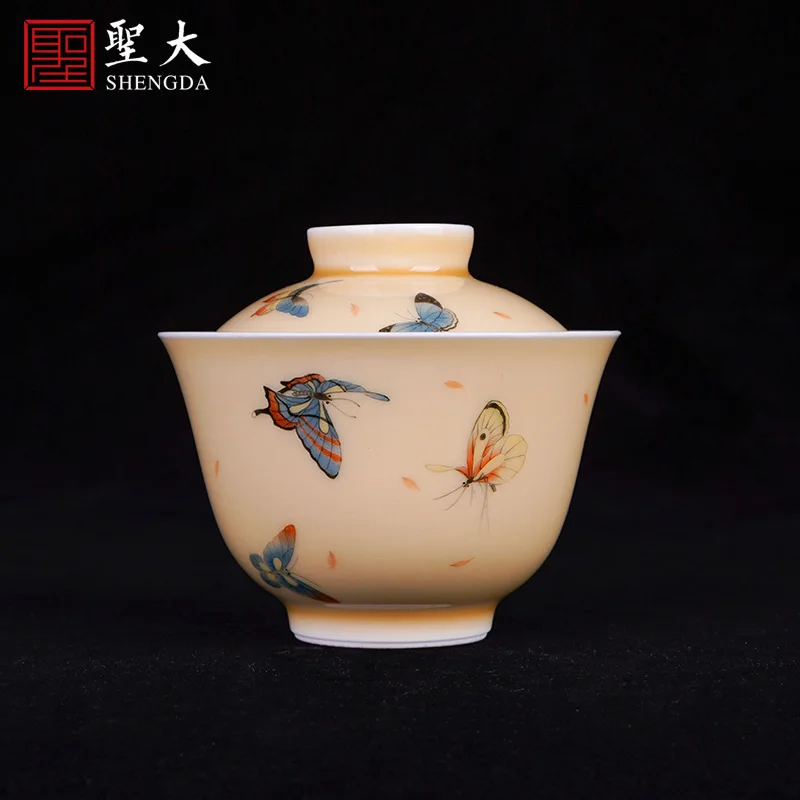 

Santa tureen hand-painted ceramic dry bubble jiao yellow glaze new CaiHuDie lines without tureen jingdezhen tea tea bowl